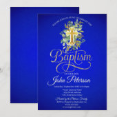 Invitation Croix florale baptême bleu royal (Devant / Derrière)