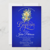 Invitation Croix Florale Baptême Royal Bleu (Devant)