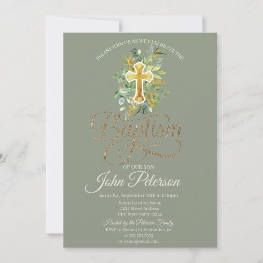 Invitation Croix florale baptême vert sauge (Devant)