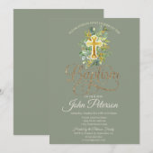 Invitation Croix florale baptême vert sauge (Devant / Derrière)