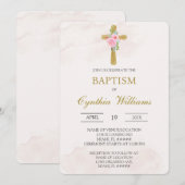 Invitation Croix florale beige baptême (Devant / Derrière)