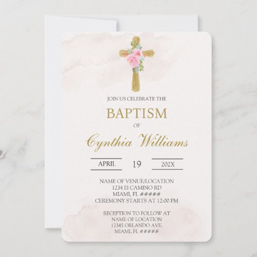 Invitation Croix florale beige baptême (Devant)