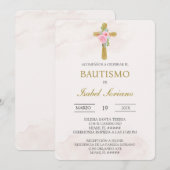 Invitation Croix florale beige baptême espagnol (Devant / Derrière)