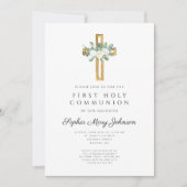 Invitation Croix florale blanche photo de la première communi (Devant)