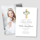 Invitation Croix florale blanche photo de la première communi