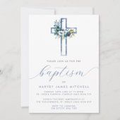 Invitation Croix florale bleu Dusty Baby Baptism (Devant)