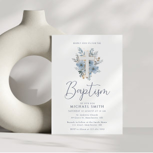 Invitation croix florale bleu poussiéreux baptême