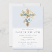 Invitation Croix florale Bleue Brunch religieux de Pâques (Devant)