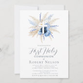 Invitation Croix florale bleue Première communion (Devant)