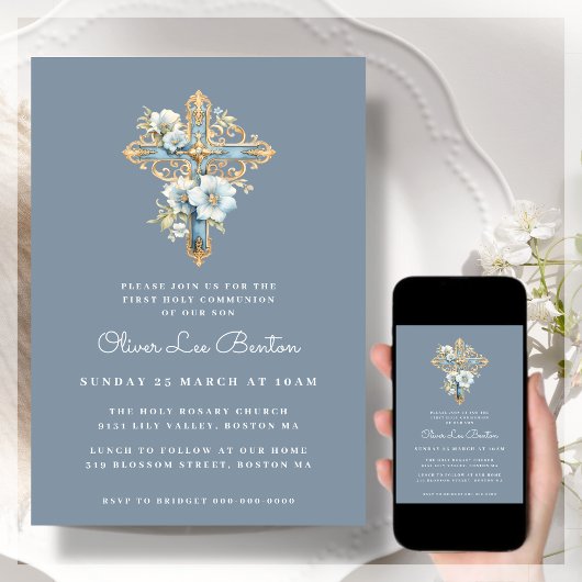Invitation Croix florale bleue | Première sainte communion