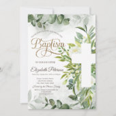 Invitation Croix florale de baptême à feuillage d'eucalyptus (Devant)