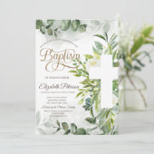 Invitation Croix florale de baptême à feuillage d'eucalyptus (Debout devant)