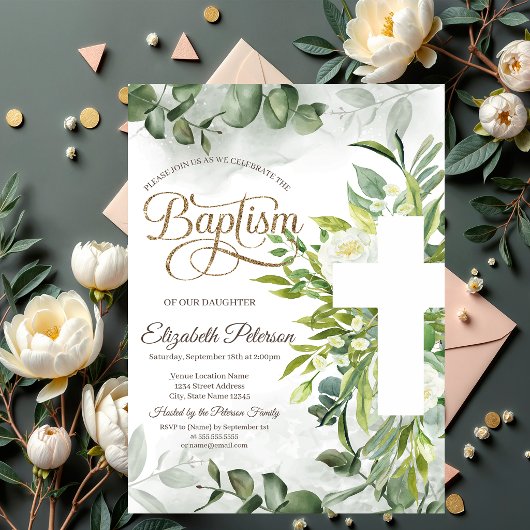 Invitation Croix florale de baptême à feuillage d'eucalyptus