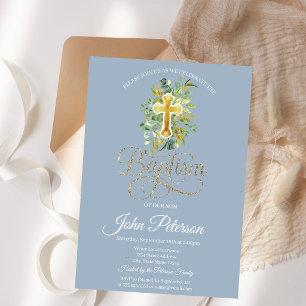 Invitation Croix florale de baptême bleu poussiéreux
