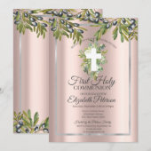 Invitation Croix florale de rameaux d'olivier Première Sainte (Devant / Derrière)