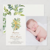 Invitation croix florale d'or eucalyptus baptême photo (Devant / Derrière)