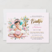 Invitation Croix florale d'or rose BAUTIZO (Devant)