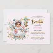 Invitation Croix florale d'or rose BAUTIZO (Devant)