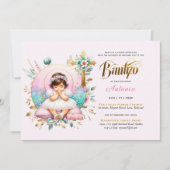 Invitation Croix florale d'or rose BAUTIZO (Devant)