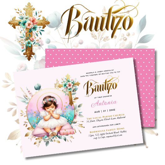 Invitation Croix florale d'or rose BAUTIZO