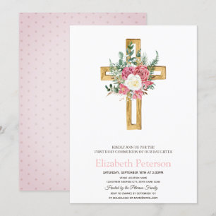 Invitation Croix Florale Dorée, Première Communion solennelle