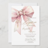 Invitation Croix Florale Dorée Ruban Baptême Rose (Devant)