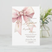 Invitation Croix Florale Dorée Ruban Baptême Rose (Debout devant)