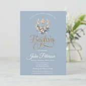 Invitation Croix florale élégant Baptême Dusty Bleu (Debout devant)