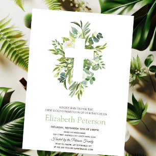Invitation Croix Florale en Or Feuilles Première Communion So