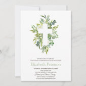 Invitation Croix florale Feuilles piqués première sainte comm (Devant)