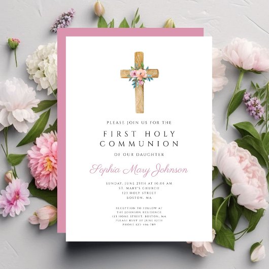 Invitation Croix florale mignonne Première communion fille