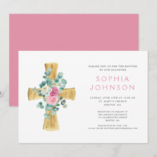 Invitation Croix florale religieuse élégante pour fille baptê