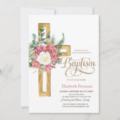 Invitation Croix Florale rose, Baptême pointu (Devant)