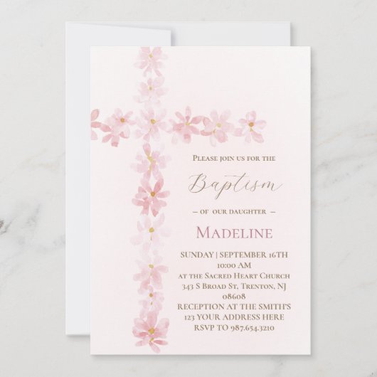 Invitation croix florale rose de baptême  (Devant)