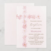 Invitation croix florale rose de baptême  (Devant / Derrière)