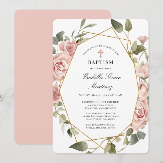 Invitation Croix florale rose Dusty Baptême (Devant / Derrière)