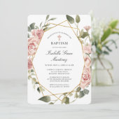 Invitation Croix florale rose Dusty Baptême (Debout devant)