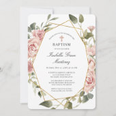 Invitation Croix florale rose Dusty Baptême (Devant)