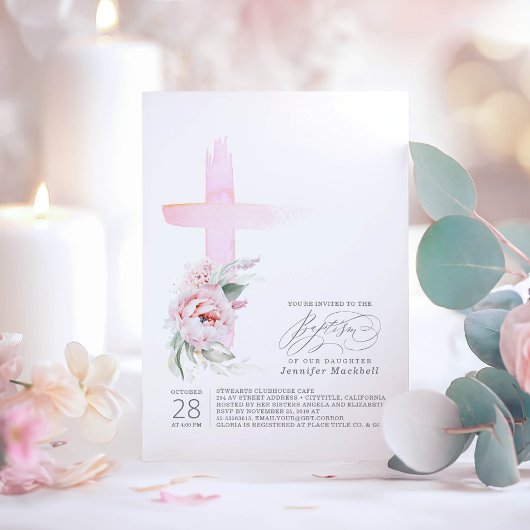 Invitation Croix florale rose Élégant Baptême de fille modern