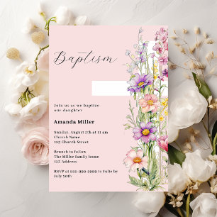 Invitation Croix florale rose fille Baptême