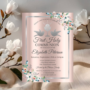 Invitation Croix Florale Rose Gold First Holy Communion