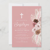 Invitation croix florale rose poussiéreuse baptême (Devant)