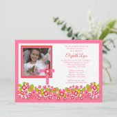 Invitation Croix florale rose - Première communion photo (Debout devant)