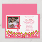 Invitation Croix florale rose - Première communion photo (Devant / Derrière)