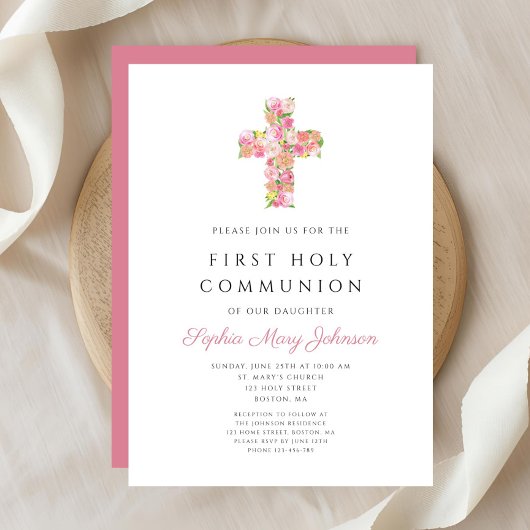 Invitation Croix florale rose Première communion religieuse