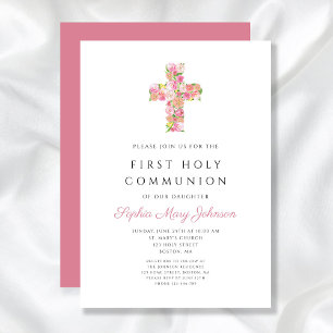 Invitation Croix florale rose Première communion religieuse