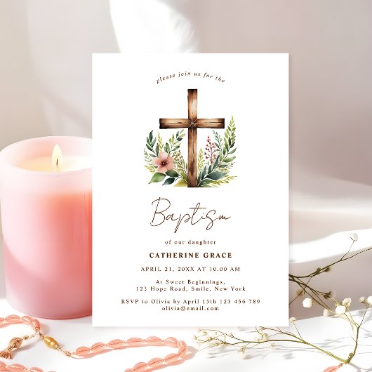 Invitation Croix florale rustique Baptême & Christening