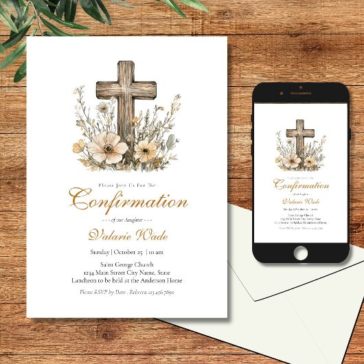 Invitation Croix florale rustique pour la confirmation des fi