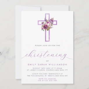 Invitation Croix Florale Violet Moderne Script Christing