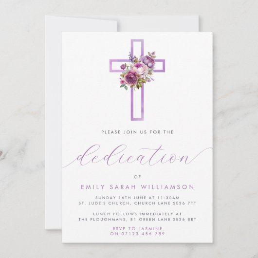 Invitation Croix florale violette Script moderne Dédication b (Devant)